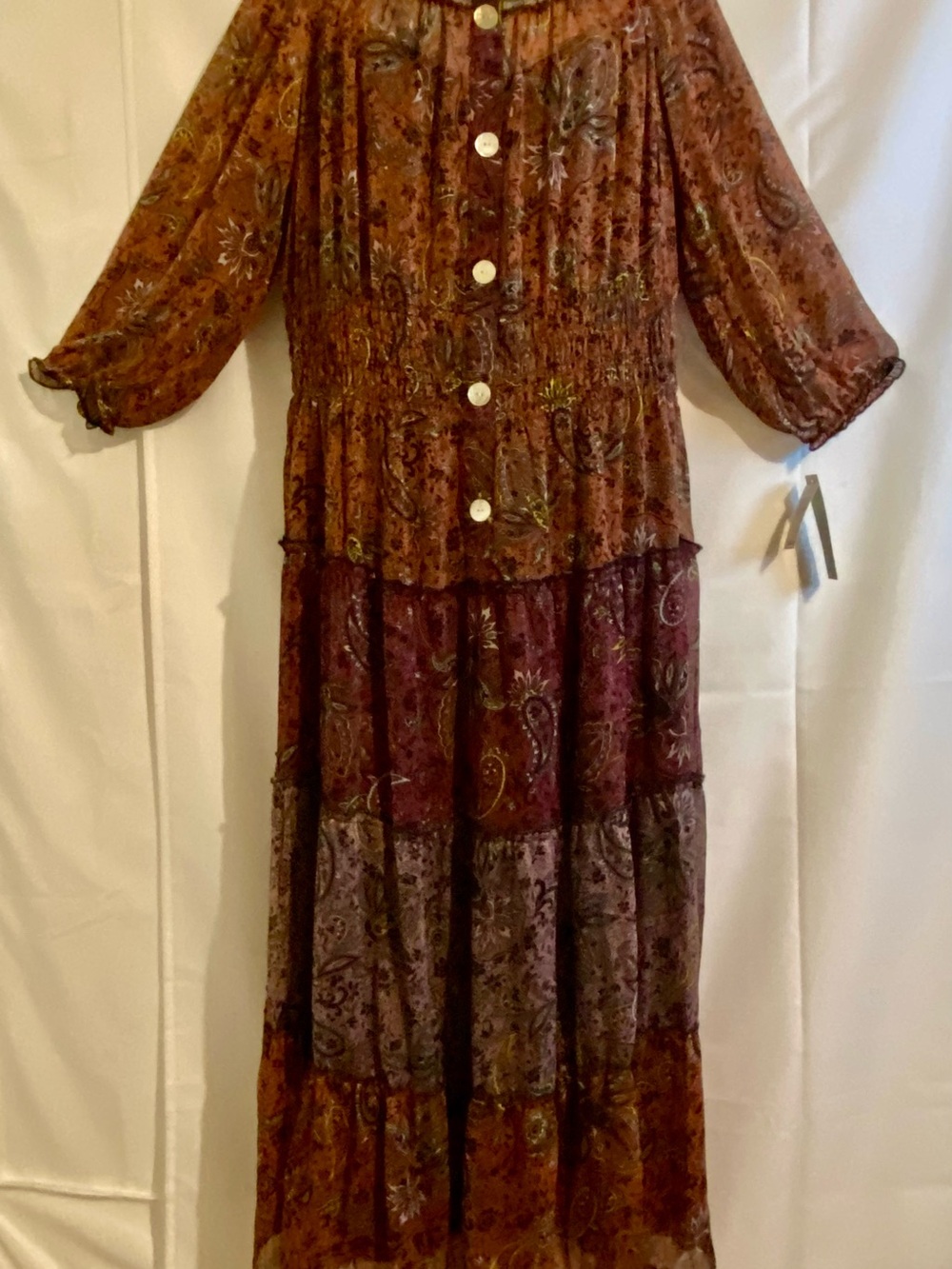 Rust Paisley Tiered Maxi Dress with Smocked Waist